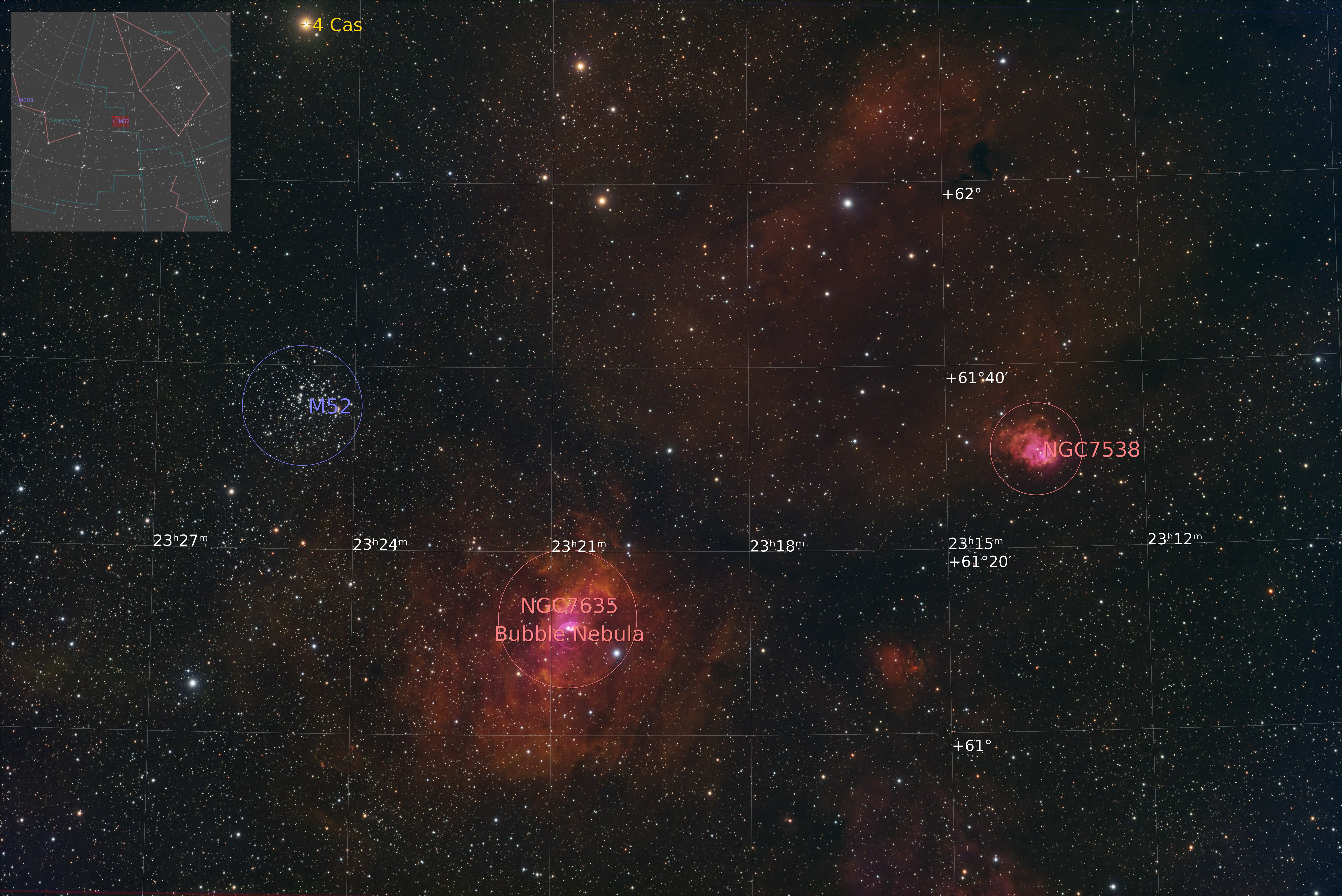 Bubble Nebula, HSO narrowband with broadband stars, annotated
