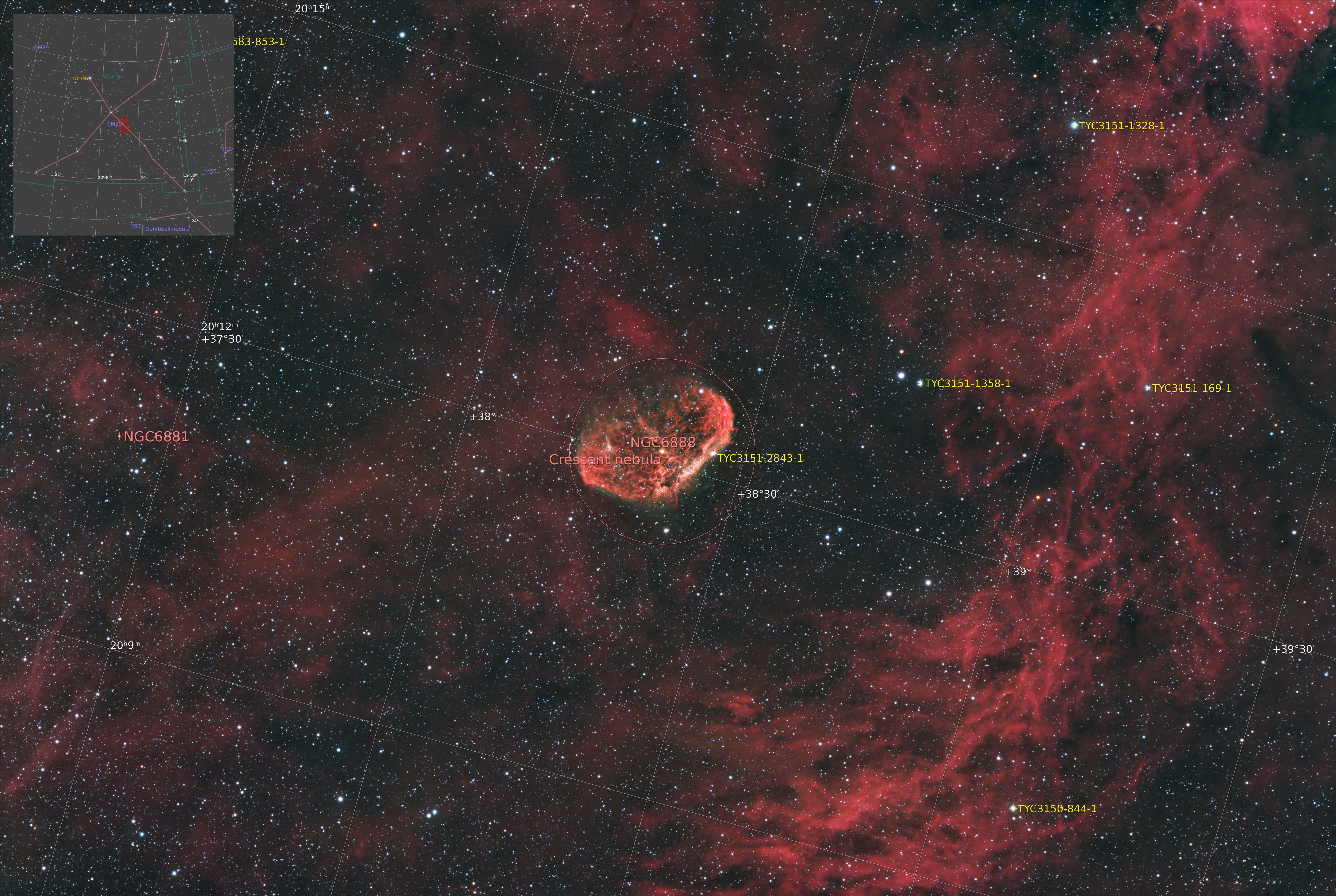 Crescent Nebula, narrowband, annotated)