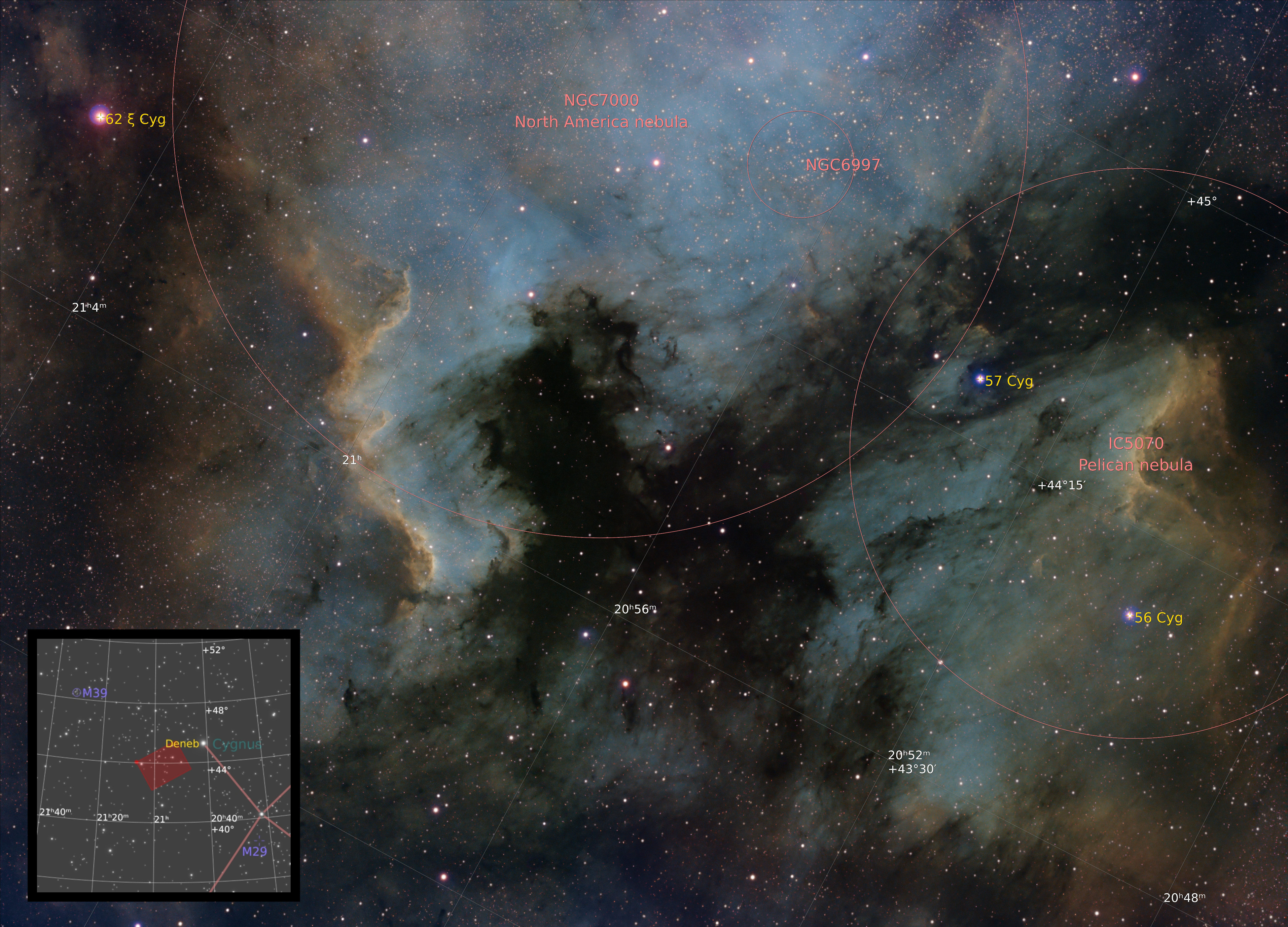 North America Nebula, narrowband, annotated)