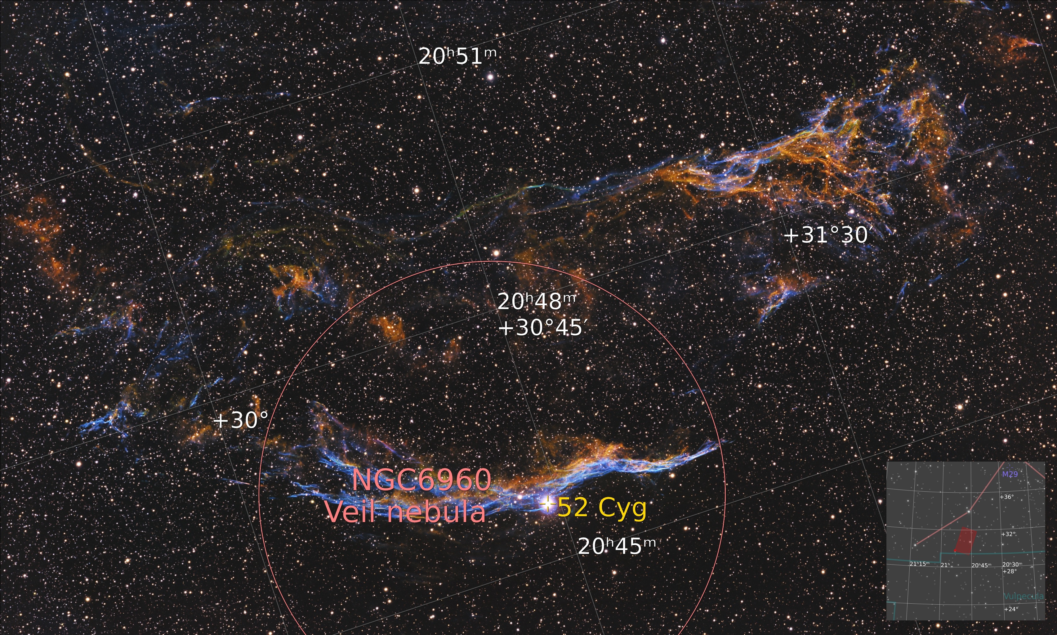 Western Veil Nebula, narrowband, annotated)